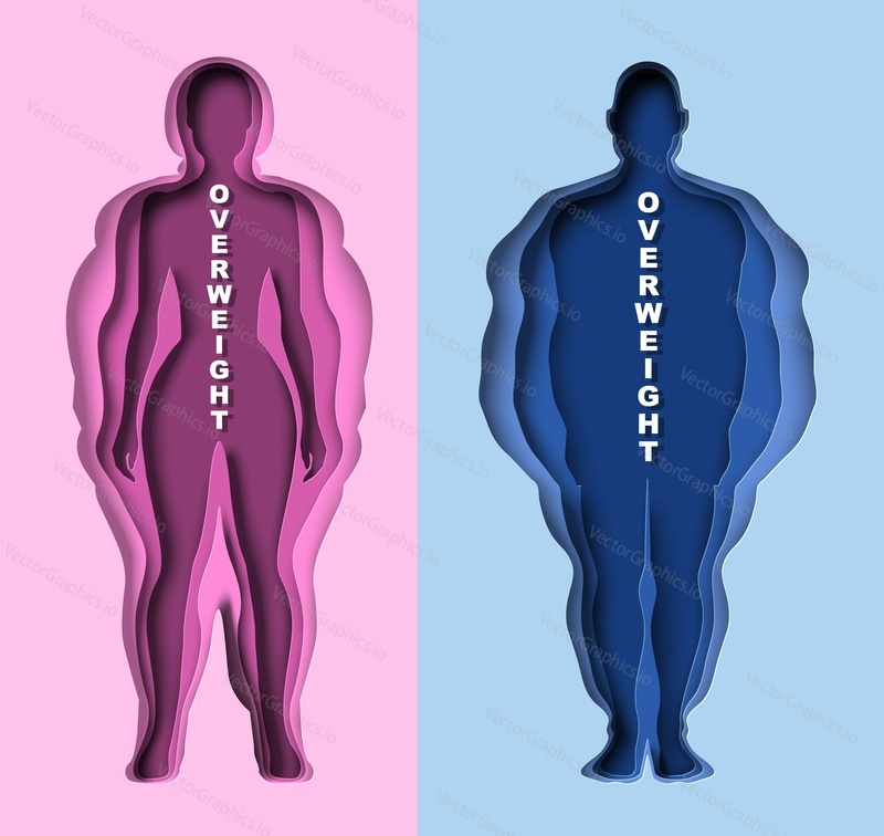 Силуэт мужчины и женщины с избыточным весом и атлетическим телосложением вырезан из бумаги вектором. Риск развития ожирения, концепция расстройства пищевого поведения
