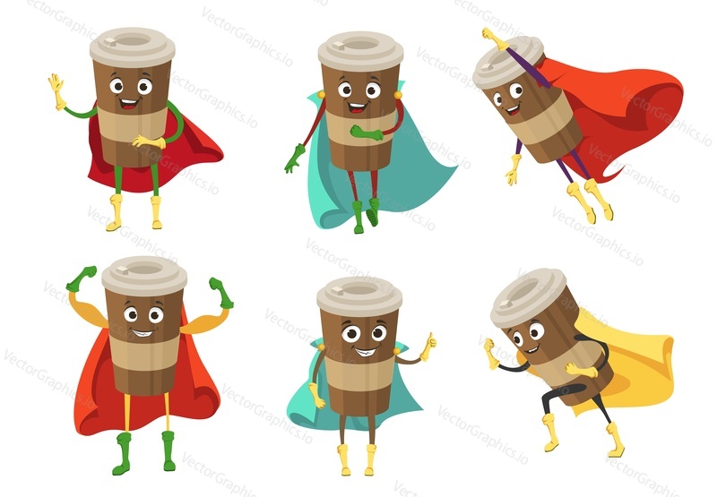 Takeaway coffee mascot in superhero cloak vector set. Happy cute beverage emoticon collection. illustration Cartoon funny drink character isolated vector set on white background