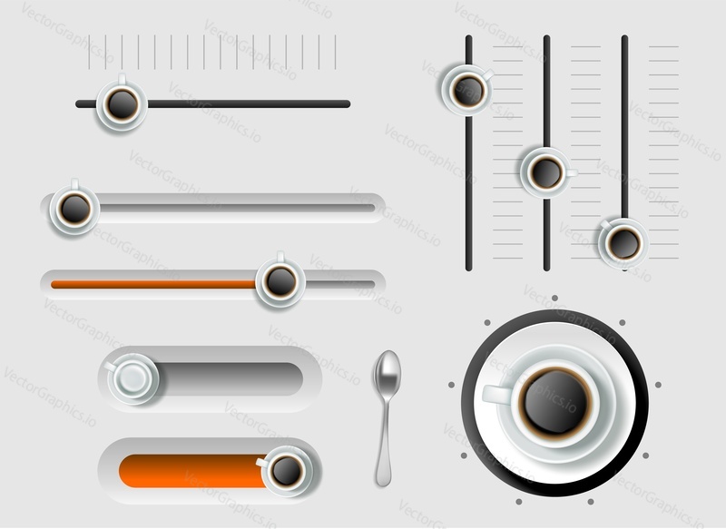 Coffee cup volume dial and power level realistic vector isolated set. Scale knob, button and switcher illustration. Gauge design template view from above