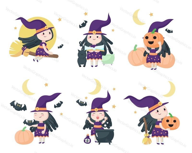 Набор векторных изображений мультяшных ведьм на Хэллоуин. Милая счастливая маленькая девочка- волшебный персонаж, изолированный на белом фоне. Симпатичная иллюстрация волшебницы. Празднование октябрьского праздника