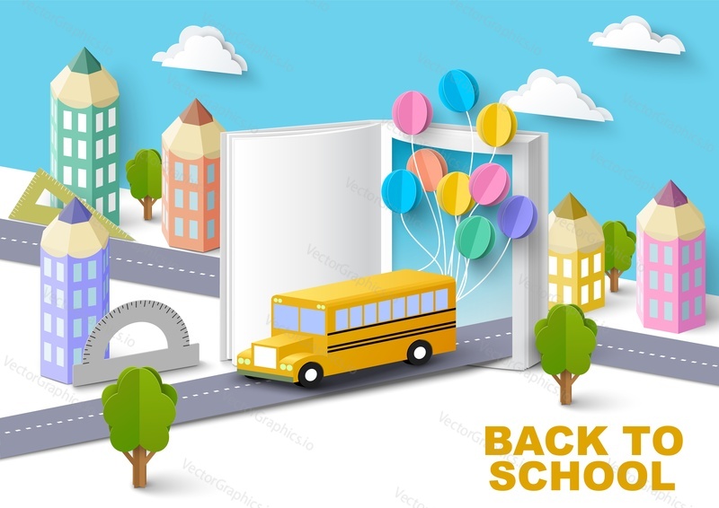 Back to school paper cut craft style vector background. School bus driving on road with city pencil house apartment. Modern origami teaching and learning illustration design