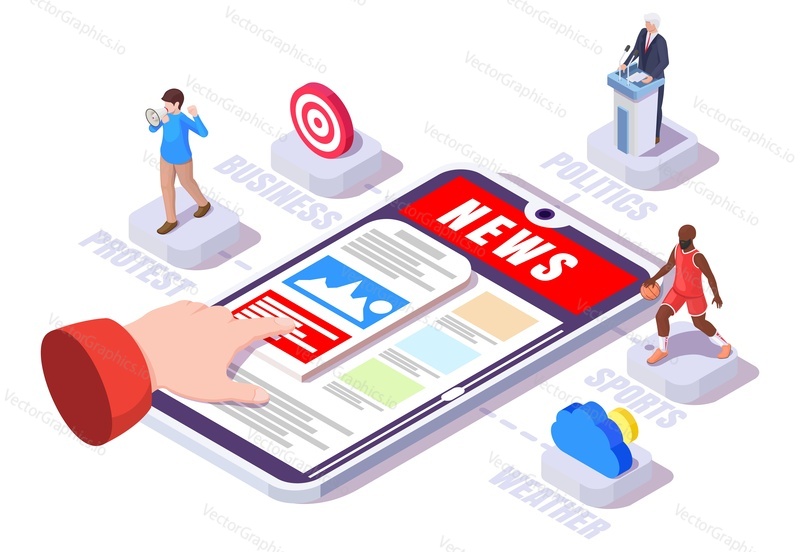 Weather forecast, business, politics, sports online news, flat vector isometric illustration. The latest breaking news on mobile phone.