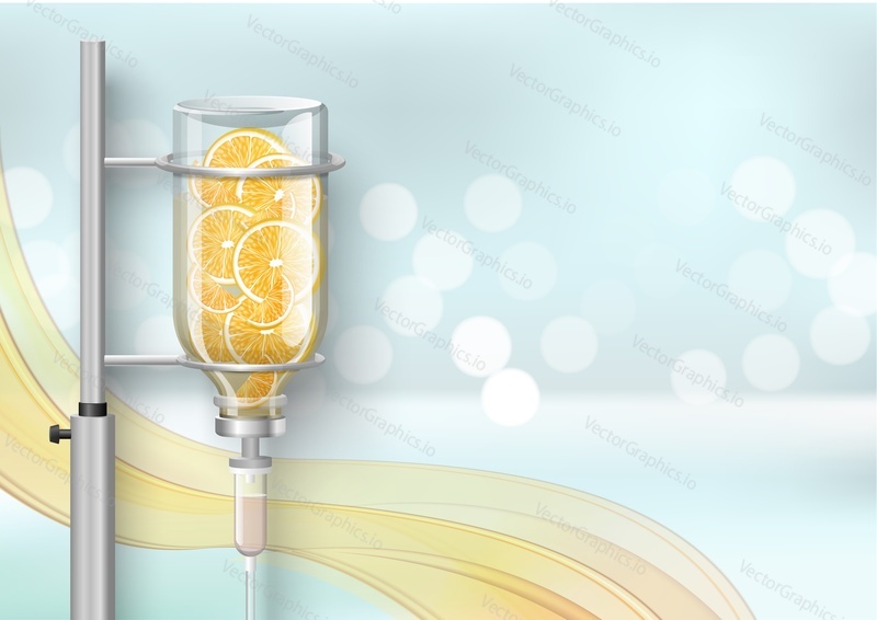 Medical dropper system for vitamin c infusion vector illustration. Bag filled orange fruit slices on tube design with copy space. Poster, web banner for medicine, healthcare and pharmacy service