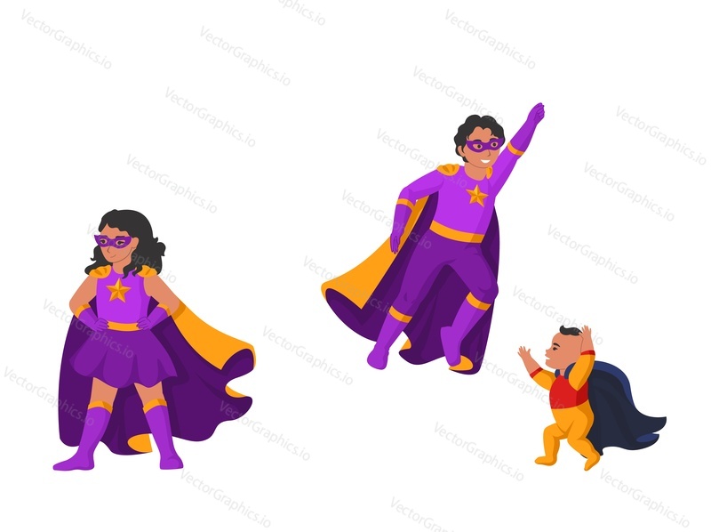 Kids superhero cartoon character wearing mask and cloak vector illustration. Toddler child, girl and boy in super hero suit isolated on white background