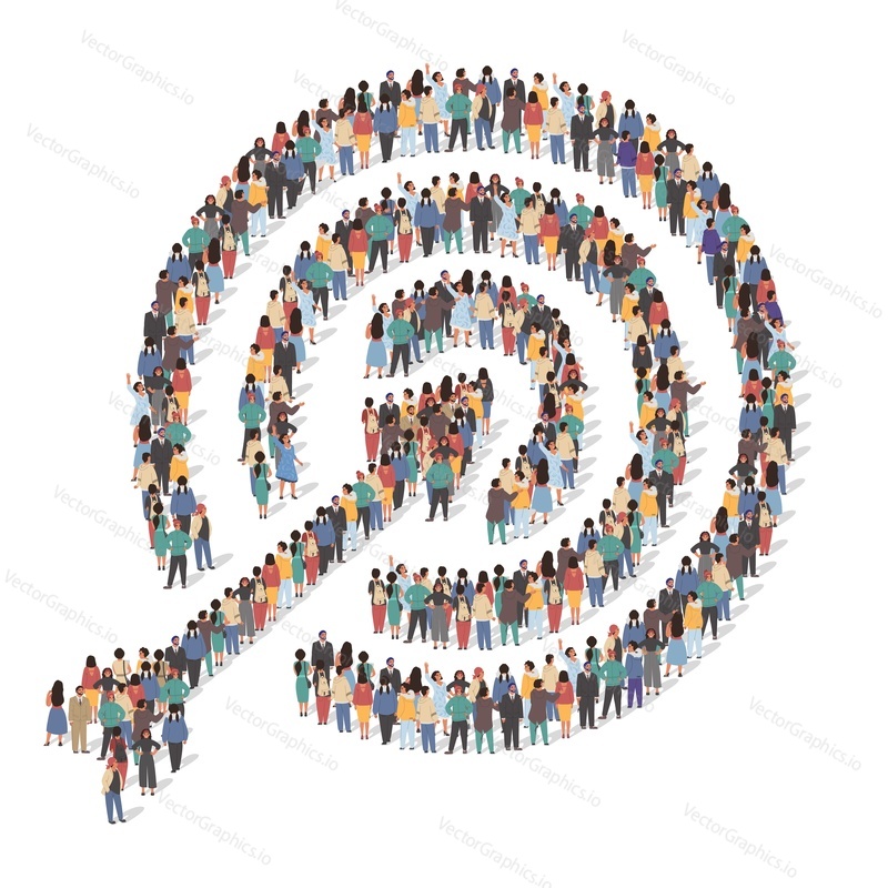 Large group of people standing together forming target symbol with arrow, flat vector illustration. People crowd gathering. Bullseye target. Goal achievements.