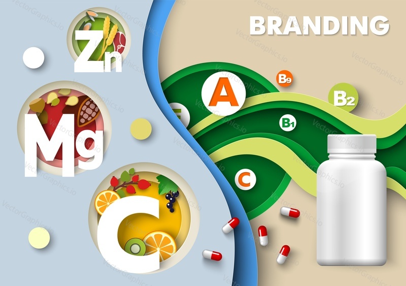 Дизайн бренда витаминов и пищевых добавок. Векторная иллюстрация банки и таблеток для презентации. Бутыль-макет для органического продукта и таблеток для похудения. Шаблон аптечной упаковки