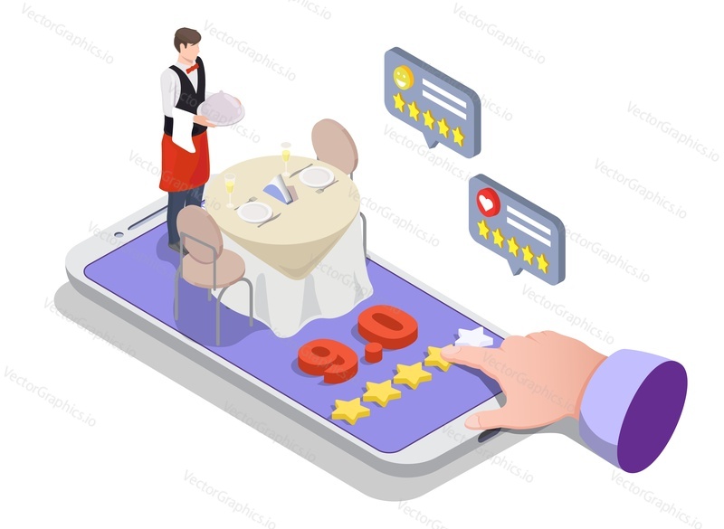 Client giving review for restaurant or cafe service via mobile phone application vector. Customer feedback, expert opinion, social evaluation and online survey illustration
