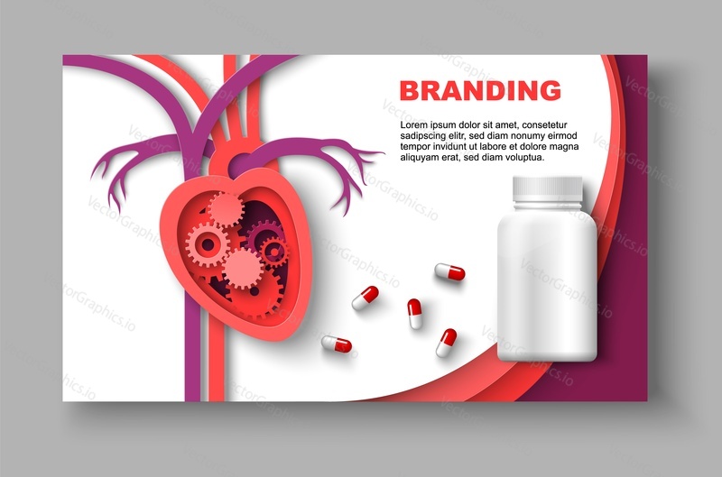 Web page template medical product for heart treatment branding design. Vector mockup to ads, cover, poster for health care. Drugs for cardiovascular diseases therapy promotion illustration