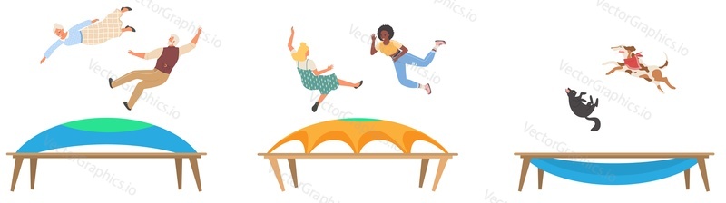 People and pet jumping trampoline vector. Funny old and young woman, dog with cat having fun and bouncing isolated scene set. Spare time, activity, amusement park and leisure recreation