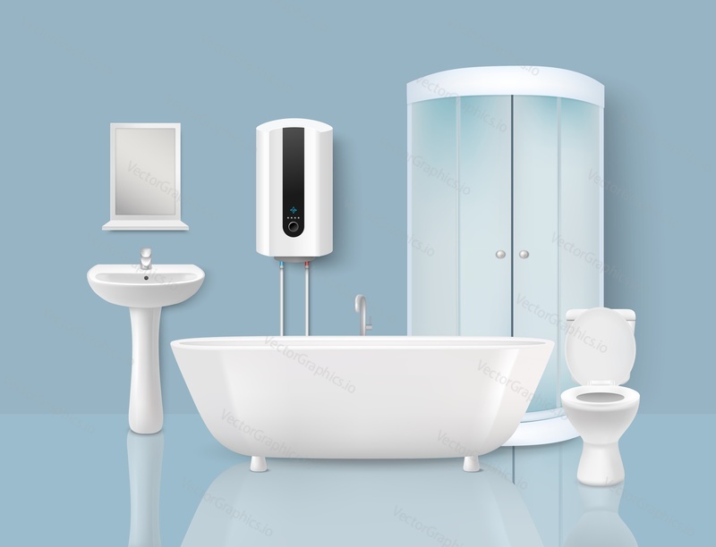 Реалистичная векторная иллюстрация интерьера современного дизайна ванной комнаты. Ванна, туалет, раковина с зеркалом, душевая кабина, бойлерное оборудование. Концепция сантехнического оборудования и сантехники