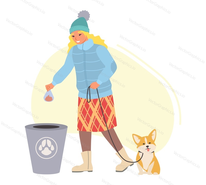 Женщина выгуливает собаку и собирает отходы жизнедеятельности домашних животных векторная иллюстрация. Женский персонаж, выбрасывающий собачьи какашки в специальном пакете в мусорное ведро, выделенное на белом фоне