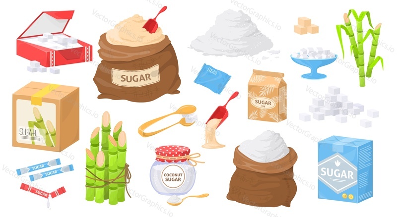 Сахар в разных упаковках, изолированный векторный набор. Иллюстрация сладкой приправы в виде кубиков, гранул и кристаллов. Пакет, брусок, пачка и палочка коричневой и белой сахарозы. Тростниковый и кокосовый сахар