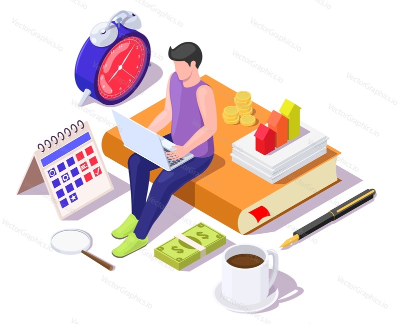 Мужчина, работающий на ноутбуке, сидя на блокноте рядом с календарем, часами, деньгами, кофе, плоской векторной изометрической иллюстрацией. Концепция тайм-менеджмента. Процесс планирования и контроля рабочего времени.
