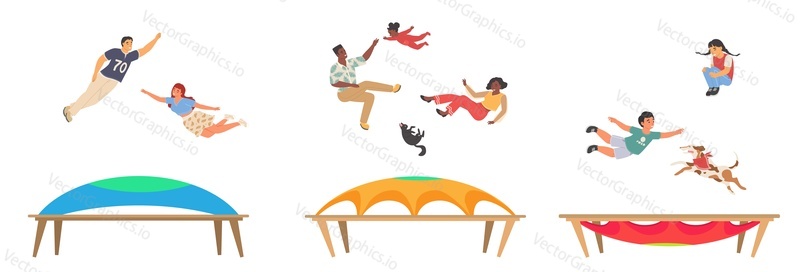 People jumping trampoline vector scene set. Happy couple, family, children bouncing and having fun together. Leisure time and outdoor activity entertainment concept