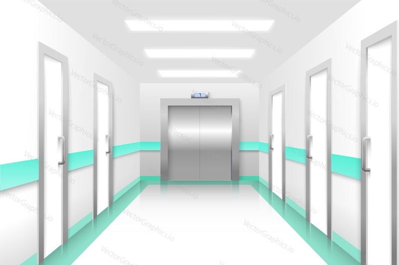 Хромированный интерьер лифтового холла в реалистичном 3d-векторе. Закрытые металлические ворота лифта с офисной дверью на иллюстрации коридора. Сцена в коридоре пустого здания