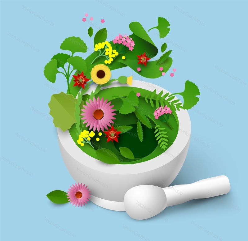 Mortar and pestle with herbal leaf papercut vector illustration. Alternative herbal medicine, aromatherapy, spa procedure and natural healing concept