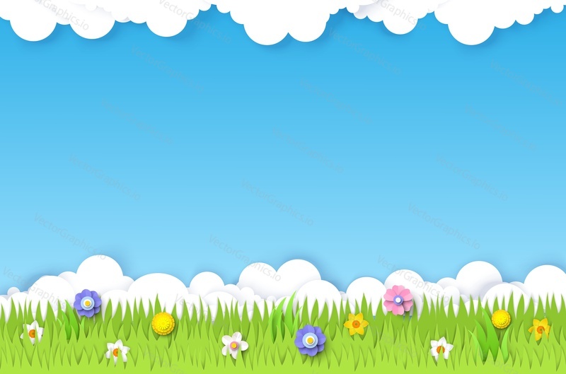 Spring field, vector illustration in paper art style. Green grass, spring flowers, blue sky with white clouds. Nature landscape.