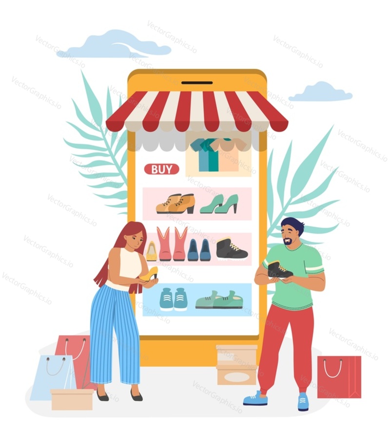 People choosing shoes in online shop, flat vector illustration. Internet store, mobile shopping, ecommerce.
