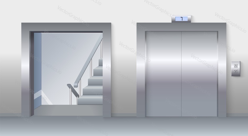 Дверь лифта и лестница в вестибюле реалистичный вектор. Иллюстрация лифта с закрытыми металлическими воротами и открытой дверью на верхний этаж. Дизайн интерьера холла здания