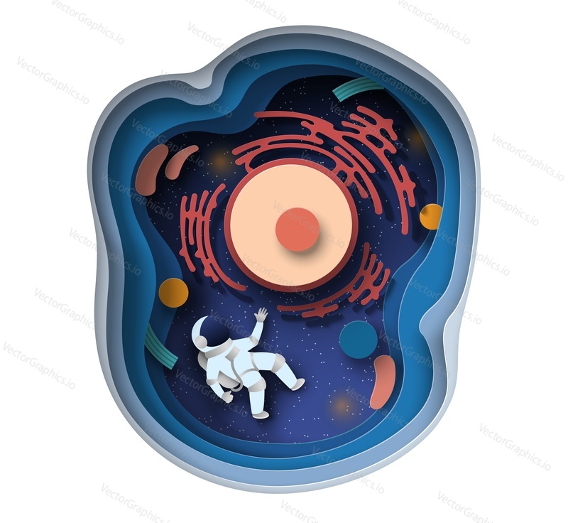 Клетка человеческого тела и вектор астронавта в стиле вырезки из бумаги. Космонавт, занимающийся серфингом в пространстве тела-клетки с иллюстрацией мембраны и ядра. Научная концепция микробиологии и биотехнологии
