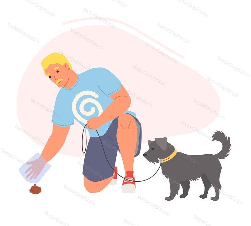 Man cleaning after dog vector. Male character picking up dog poop using gloves illustration. Pet owner walking puppy on lash isolated on white background