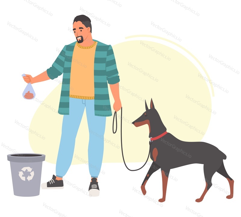 Cleanup after dog vector illustration. Man throwing canine poop in bag into trash can. Male character walking with doberman on leash. Environment ecological cleanliness and taking care of pet