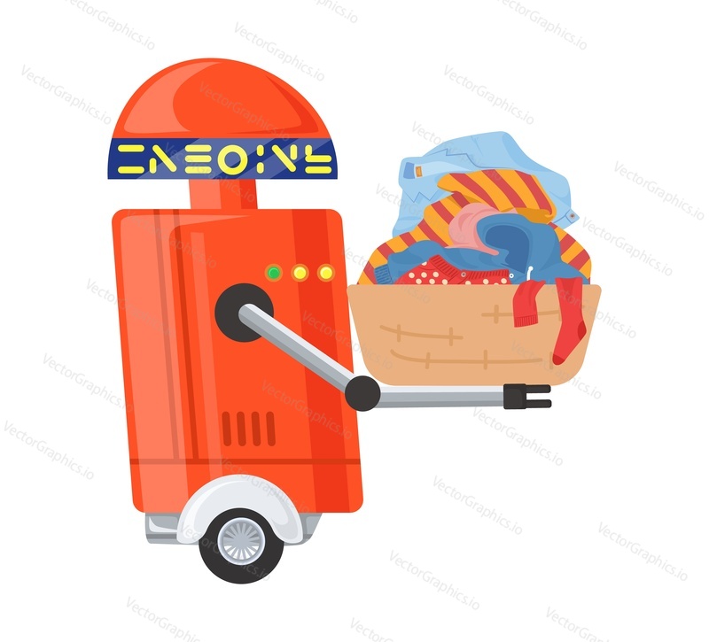 Robot assistant carrying laundry vector icon isolated on white background. AI robotic machine working chores illustration. Artificial intelligence futuristic technology concept.