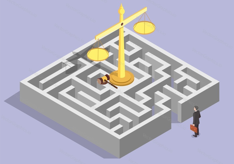 Vector businessman standing front of maze planning to solve problem thinking strategy. Hard path to law and order metaphor. Business and legal law illustration