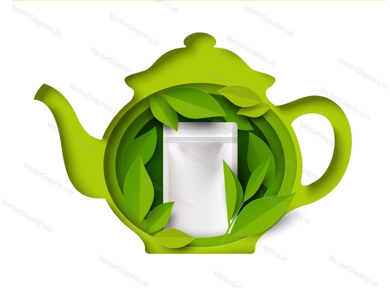 Paper cut teapot with green leaves and realistic tea bag inside, vector illustration. Green tea branding mockup, advertising.