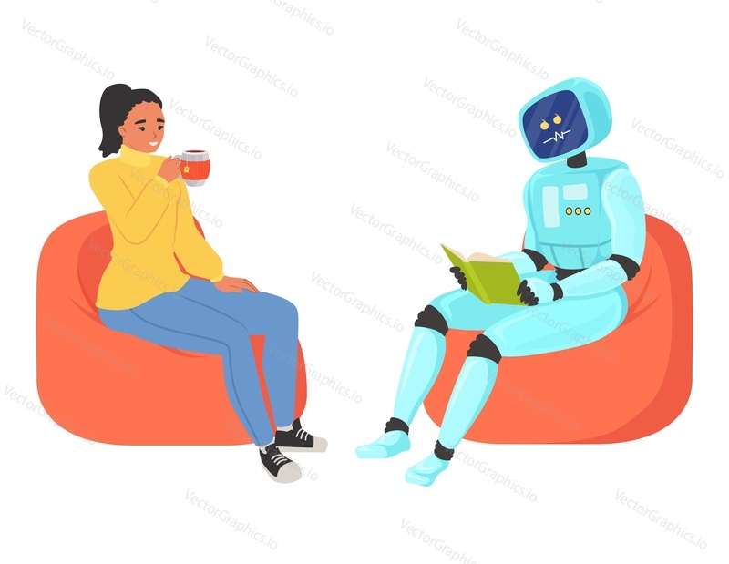 Robot assistant reading book for woman vector scene. Smart cyborg with artificial intelligence cares about young female character illustration. Futuristic artificial Intelligence technology concept