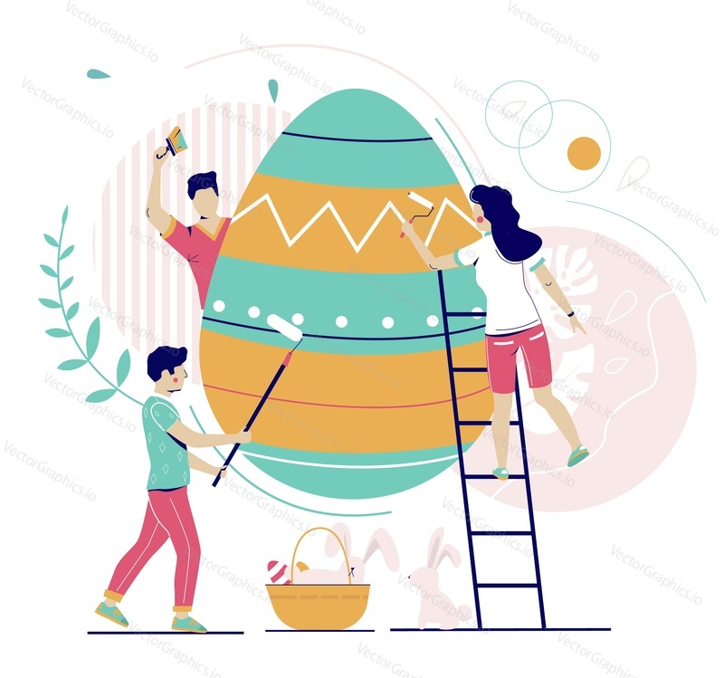 People painting Easter egg, flat vector illustration. Preparation for happy Easter spring holiday celebration.