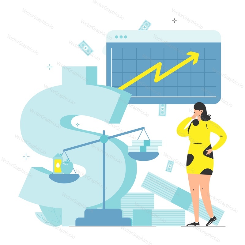 Woman looking at scales with food products and money, dollar sign, rising arrow chart, flat vector illustration. Inflation in economics with rising prices, fall of money value. Financial market crisis