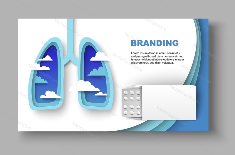 Antivirus drug branding mockup. Medical products for lungs treatment illustration. Pills for respiratory disease cure. Medicine, pharmacy and healthcare concept. Advertisement poster