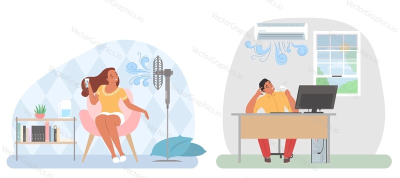 People keeping cool in hot weather using air conditioner, fan in office and at home, flat vector illustration. Summer heat. Overheating and exhaustion.
