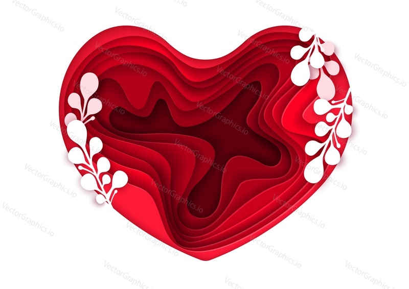 Вырезанное из бумаги красное сердце с белыми ветвями растений, векторная иллюстрация. Шаблон открытки на День Святого Валентина.