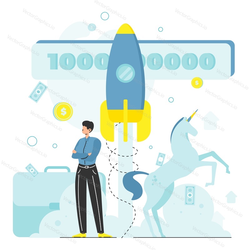 Successful businessman, unicorn horse, rocket take off, flat vector illustration. Unicorn company or startup. Venture capital industry.
