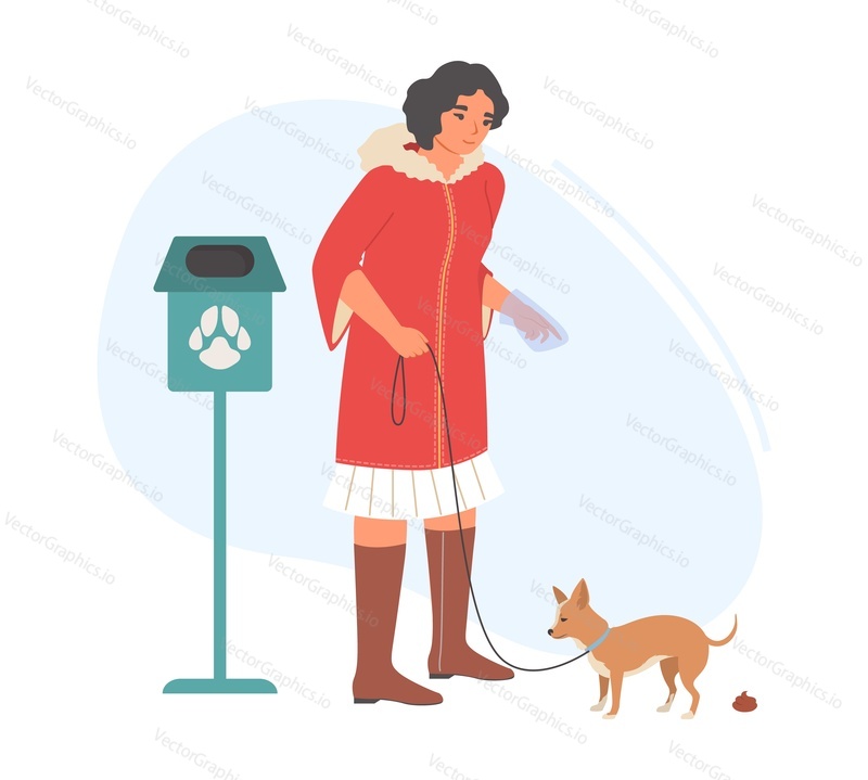 Женщина-владелица домашнего животного выгуливает вектор собаки. Иллюстрация женщины, убирающей собачьи какашки в общественный мусоропровод. Окружающая среда экологическая чистота и забота о домашнем животном