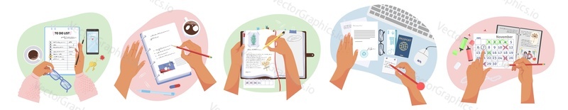 Writing hands set, flat vector isolated illustration. Female hands holding pens and pencils. People taking notes, writing diary, planning schedule, to do list, timetable.