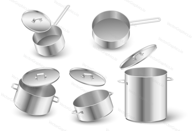 Кухонный горшок и сковорода реалистичный векторный набор. Иллюстрация кухонной посуды с крышками. Кастрюля для приготовления пищи выделена на белом фоне. Кухонное оборудование, кулинарная чаша