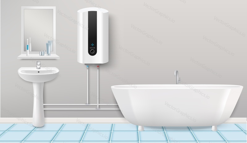 Bathroom with boiler water heater connected with washbasin and tub realistic vector. Empty bath room interior with tiled floor and home appliances heating system on wall 3d illustration