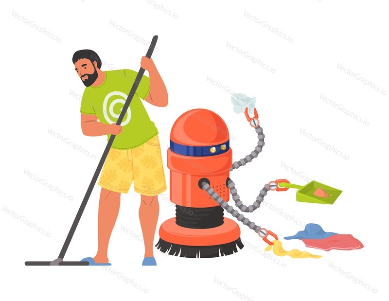 Robot assistant helping man to clean house vector scene. Robotic characters in daily routine illustration. Artificial intelligence work on household. Futuristic technology and housework concept