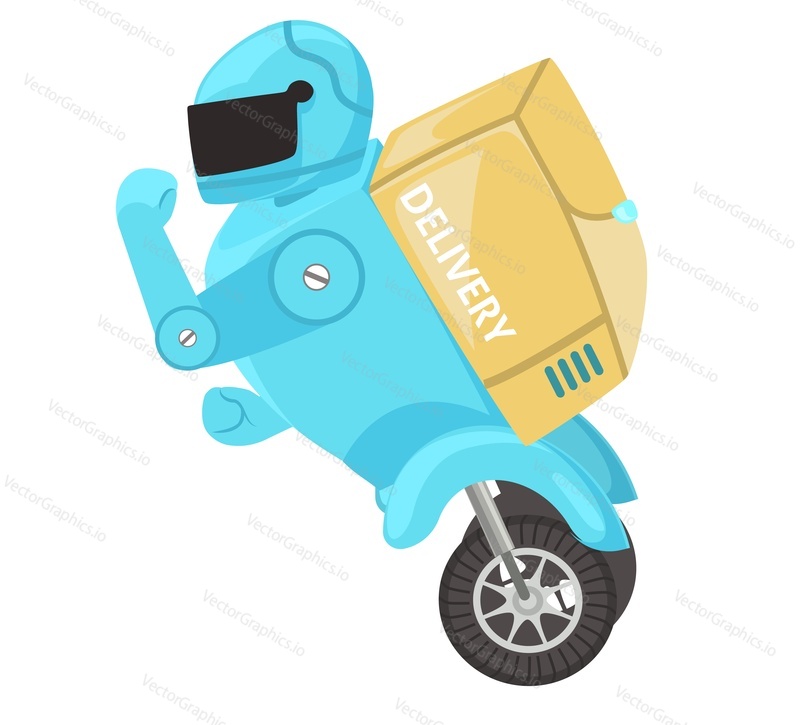 Smart wheeled robot assistant helping with package delivery vector flat icon isolated on white background. Futuristic service, AI robotic technology concept