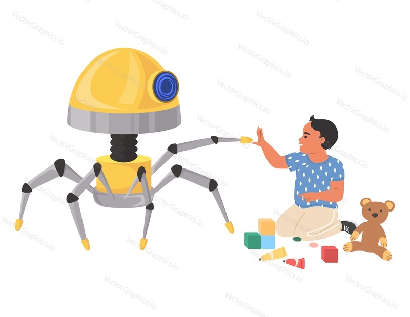 Robot assistant playing toy with child vector scene. AI robotic nanny, smart babysitter illustration. Futuristic artificial Intelligence technology concept