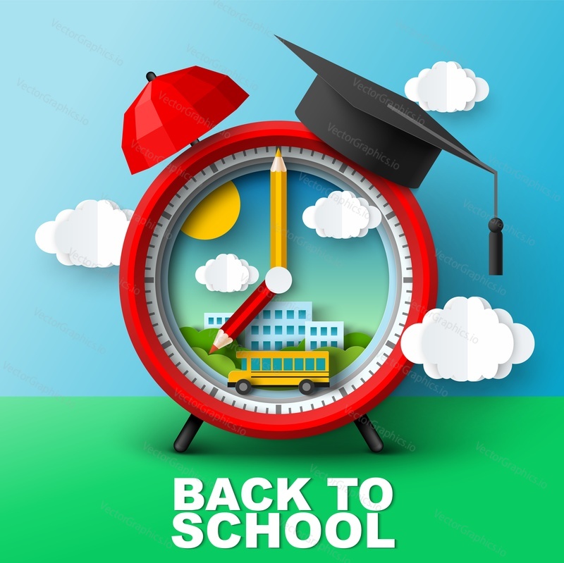 Back to school paper cut vector design. Alarm clock, graduation academic hat, study pencil items and driving school bus illustration. Time for education and learning concept