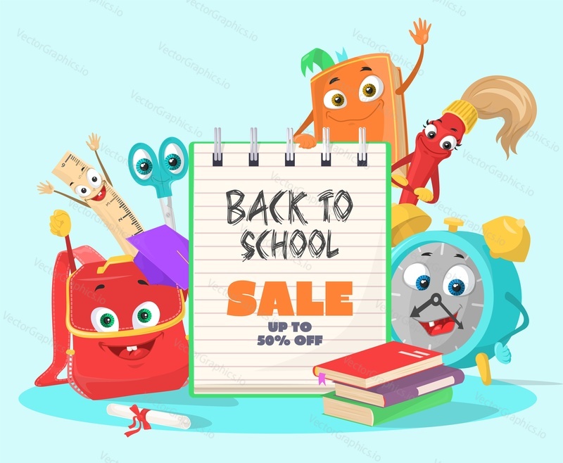 Back to school sale promotion vector illustration. Sale discount up to 50 percent off advertising. Half price on education items. School stationery with happy smile childish design element