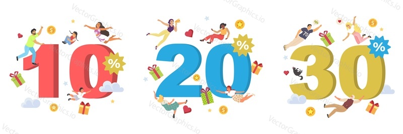 10, 20, 30 price off sale discount vector illustration. Happy tiny people flying over huge number design. Promotion marketing and advertisement material