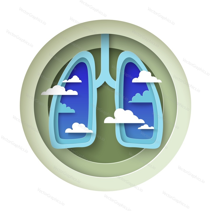 Lungs with clouds origami paper cut vector. Medical 3d poster. Pulmonary disease awareness illustration. Health breathing and ecology concept