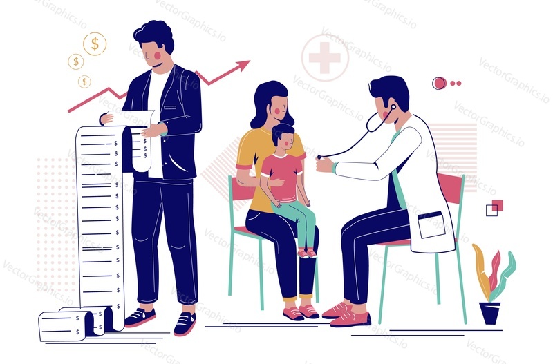 Medical services price rising flat vector scene. Family with kid on doctor pediatrician appointment illustration. Shocked man looking at bill. Economic crisis, medicine expensive cost concept