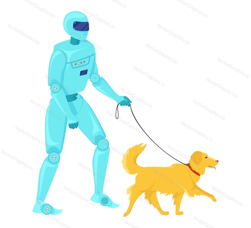 Робот-ассистент, выгуливающий собаку, векторный плоский значок, изолированный на белом фоне. Иллюстрация роботизированной машины с искусственным интеллектом, выполняющей ежедневные рутинные обязанности. Концепция футуристической технологии искусственного интеллекта