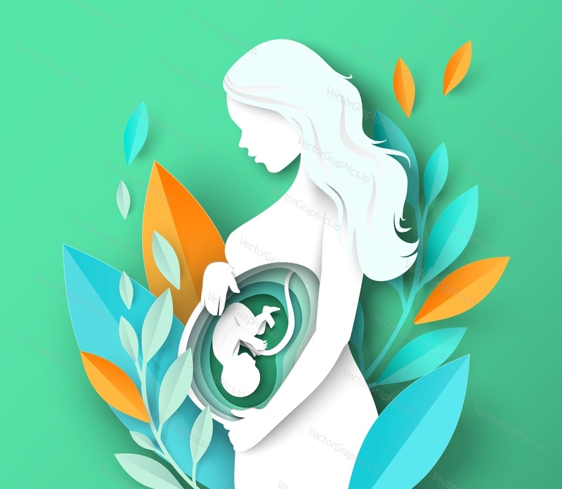 Беременная женщина с маленьким плодом, растущим внутри векторного плаката в стиле вырезки из бумаги. Мать, ожидающая ребенка. Иллюстрация женского силуэта и листьев растения. Концепция материнства или медикаментозной беременности
